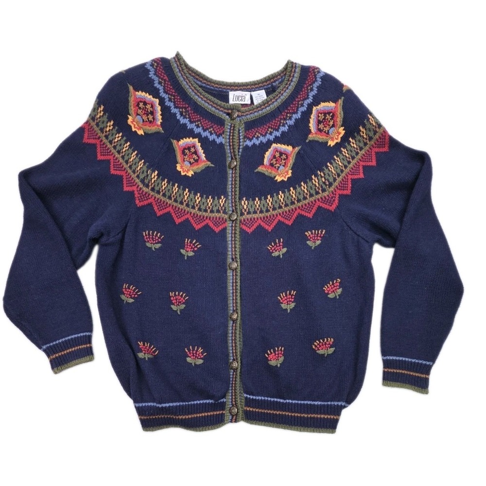 Vtg 90s Cardigan Embroidered Fair Isle Sweater Crest Buttons Lucia Size XL